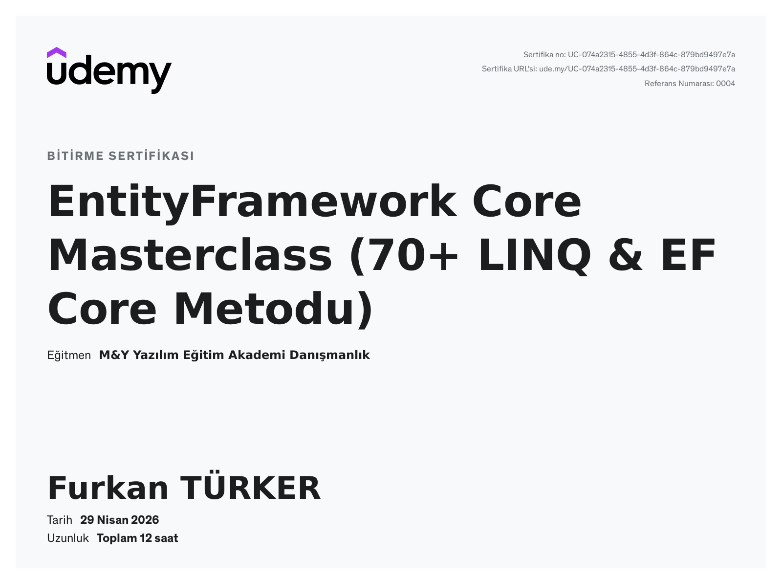 EntityFramework Core Masterclass sertifikası